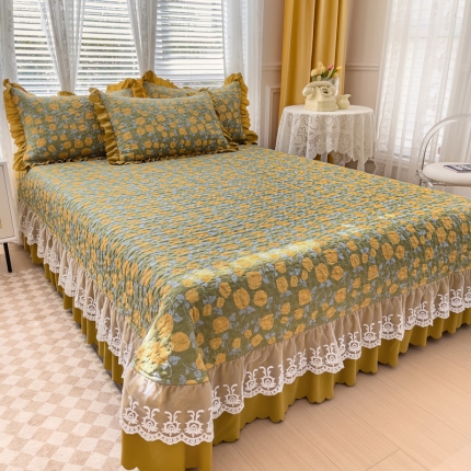 91家纺网 家纺一手货源 找家纺 2025A类双层纱水洗棉麻床盖四件套 夹棉床笠花边床盖三件套直播爆款