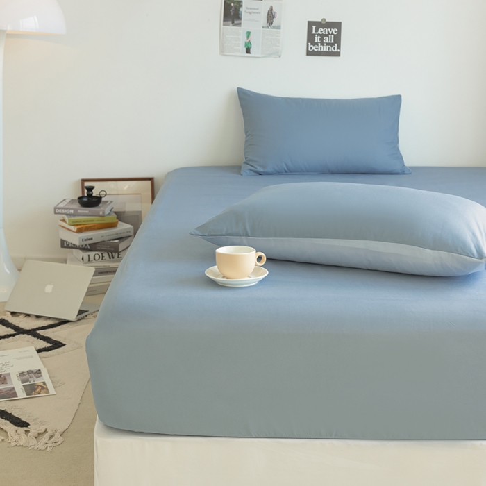 91家纺网 家纺一手货源 找家纺 乐沐2023新款水洗棉亲肤磨毛床笠 雾蓝