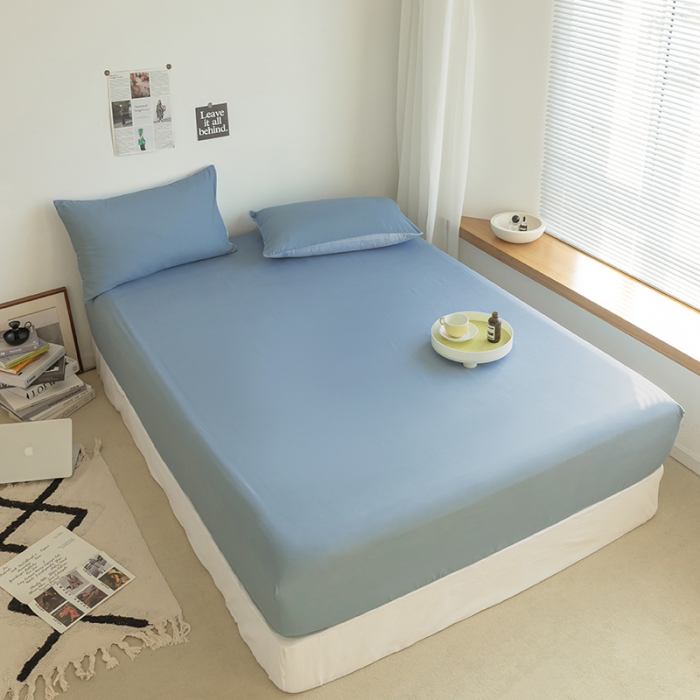 91家纺网 家纺一手货源 找家纺 乐沐2023新款水洗棉亲肤磨毛床笠 雾蓝