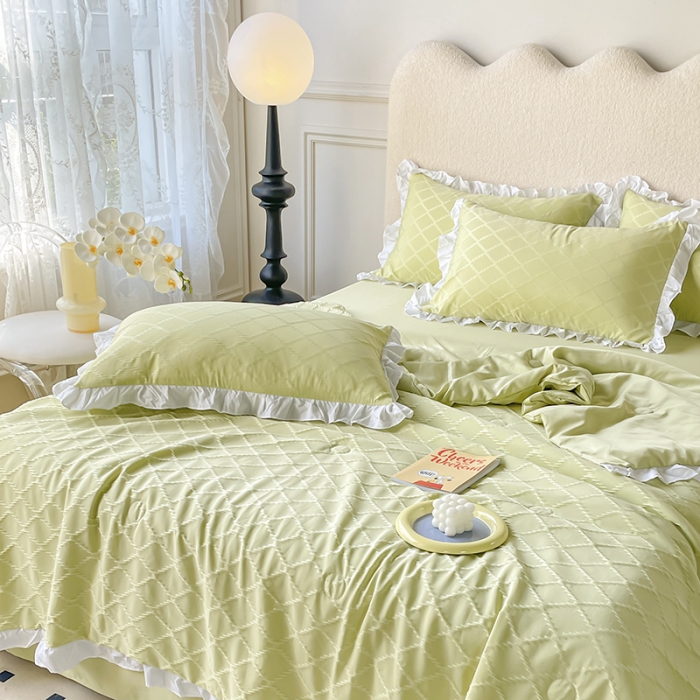 91家纺网 家纺一手货源 找家纺 澳梵 2023新款【夏日茶话会】系列-立体提花格夏被四件套 邂逅-绿