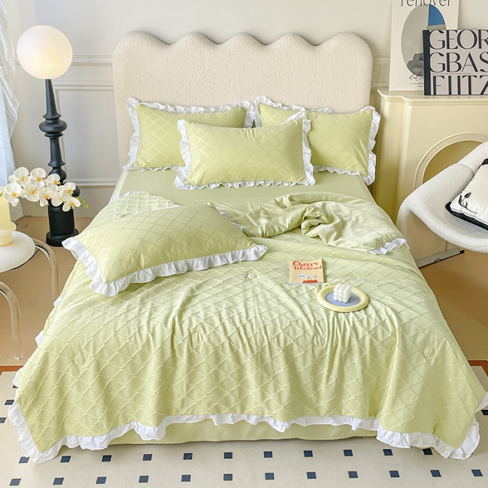 91家纺网 家纺一手货源 找家纺 澳梵 2023新款【夏日茶话会】系列-立体提花格夏被四件套 邂逅-绿