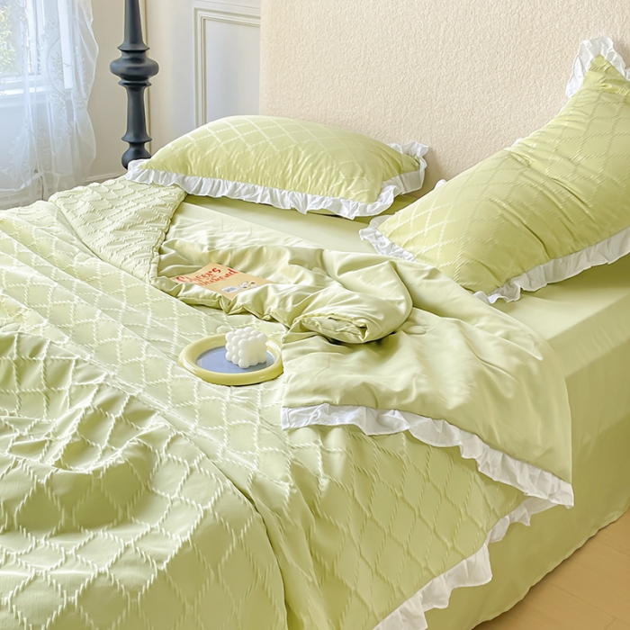 91家纺网 家纺一手货源 找家纺 澳梵 2023新款【夏日茶话会】系列-立体提花格夏被四件套 邂逅-绿