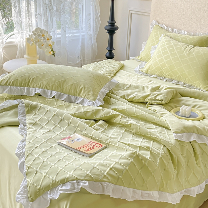 91家纺网 家纺一手货源 找家纺 澳梵 2023新款【夏日茶话会】系列-立体提花格夏被四件套 邂逅-绿