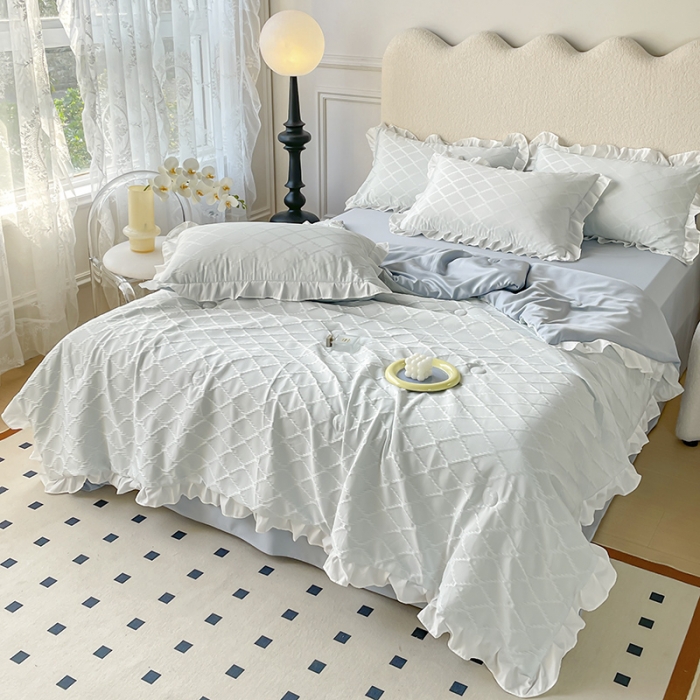 91家纺网 家纺一手货源 找家纺 澳梵 2023新款【夏日茶话会】系列-立体提花格夏被四件套 邂逅-灰色