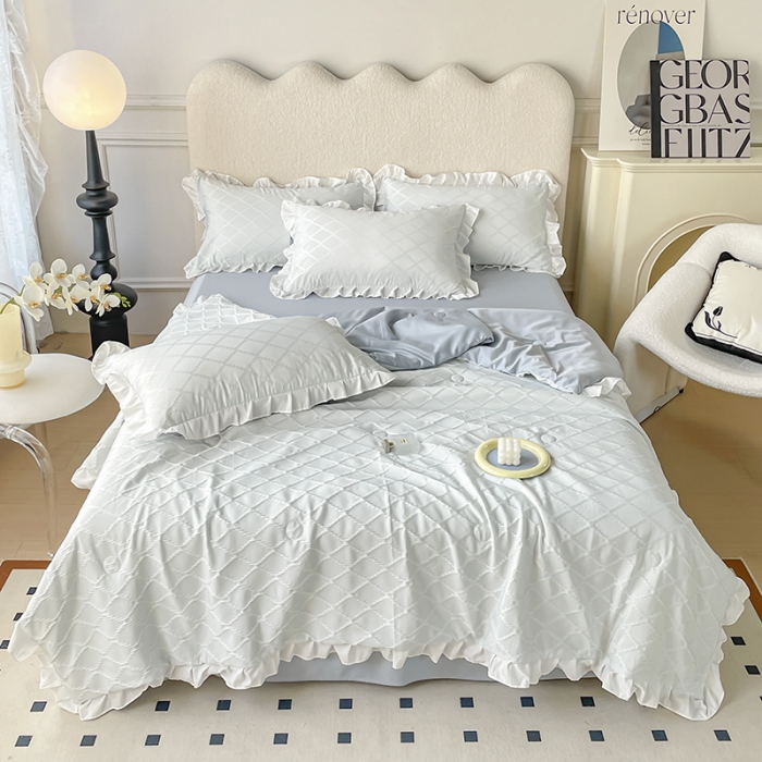 91家纺网 家纺一手货源 找家纺 澳梵 2023新款【夏日茶话会】系列-立体提花格夏被四件套 邂逅-灰色