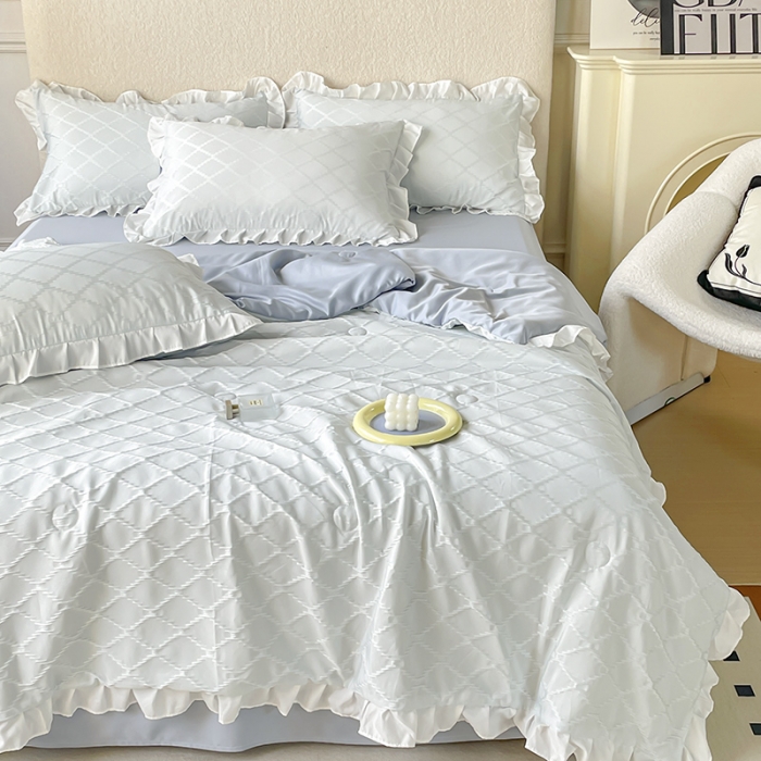 91家纺网 家纺一手货源 找家纺 澳梵 2023新款【夏日茶话会】系列-立体提花格夏被四件套 邂逅-灰色