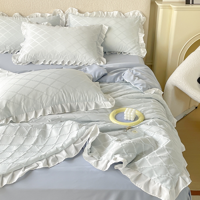 91家纺网 家纺一手货源 找家纺 澳梵 2023新款【夏日茶话会】系列-立体提花格夏被四件套 邂逅-灰色