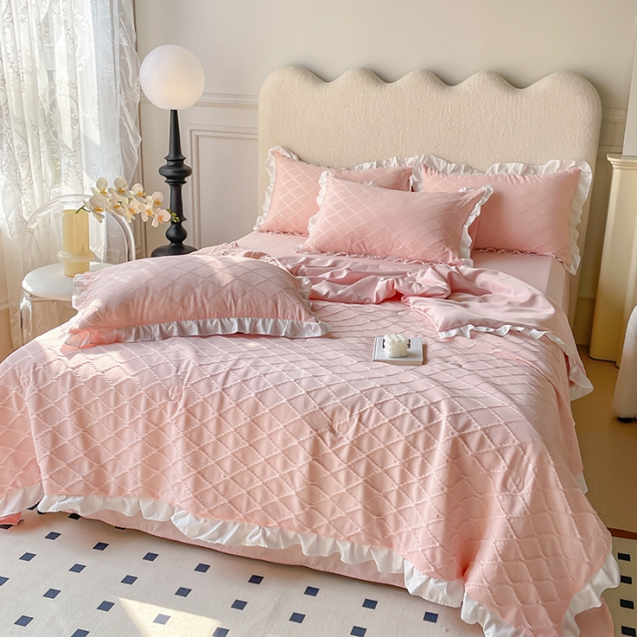 91家纺网 家纺一手货源 找家纺 澳梵 2023新款【夏日茶话会】系列-立体提花格夏被四件套 邂逅-粉