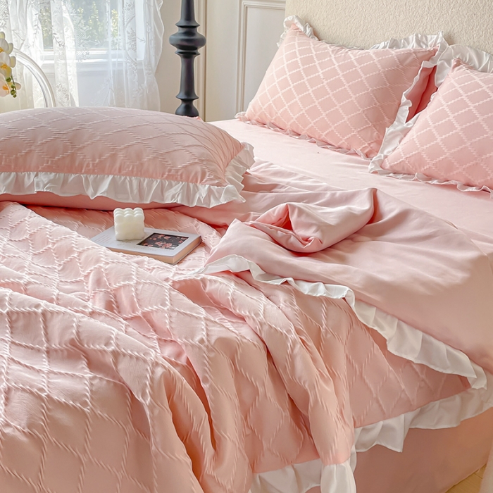 91家纺网 家纺一手货源 找家纺 澳梵 2023新款【夏日茶话会】系列-立体提花格夏被四件套 邂逅-粉