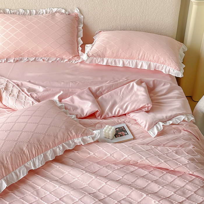 91家纺网 家纺一手货源 找家纺 澳梵 2023新款【夏日茶话会】系列-立体提花格夏被四件套 邂逅-粉