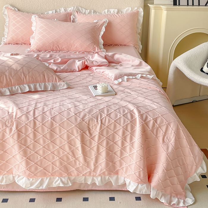 91家纺网 家纺一手货源 找家纺 澳梵 2023新款【夏日茶话会】系列-立体提花格夏被四件套 邂逅-粉