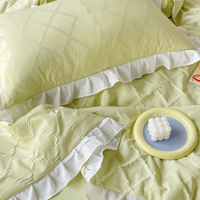 91家纺网 家纺一手货源 找家纺 澳梵2023新款【夏日茶话会】系列-立体提花格夏被四件套 夏日午后-绿