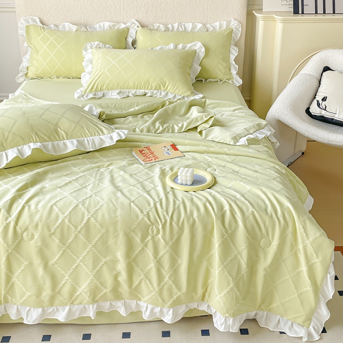 91家纺网 家纺一手货源 找家纺 澳梵2023新款【夏日茶话会】系列-立体提花格夏被四件套 夏日午后-绿