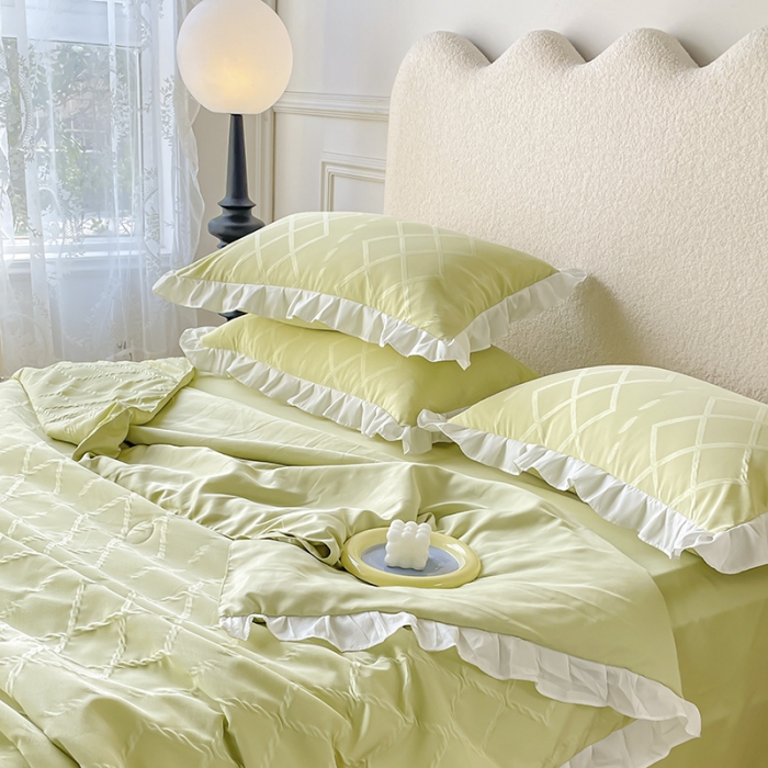 91家纺网 家纺一手货源 找家纺 澳梵2023新款【夏日茶话会】系列-立体提花格夏被四件套 夏日午后-绿