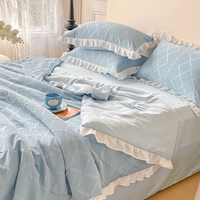 91家纺网 家纺一手货源 找家纺 澳梵2023新款【夏日茶话会】系列-立体提花格夏被四件套 夏日午后-蓝