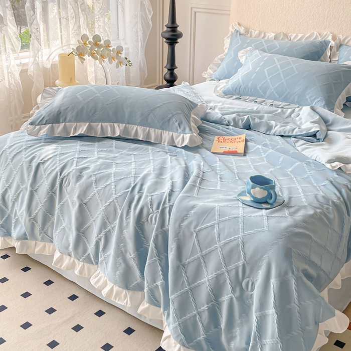 91家纺网 家纺一手货源 找家纺 澳梵2023新款【夏日茶话会】系列-立体提花格夏被四件套 夏日午后-蓝