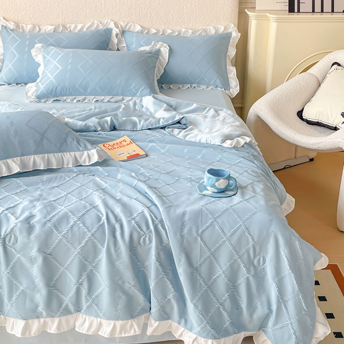 91家纺网 家纺一手货源 找家纺 澳梵2023新款【夏日茶话会】系列-立体提花格夏被四件套 夏日午后-蓝