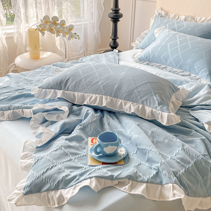 91家纺网 家纺一手货源 找家纺 澳梵2023新款【夏日茶话会】系列-立体提花格夏被四件套 夏日午后-蓝