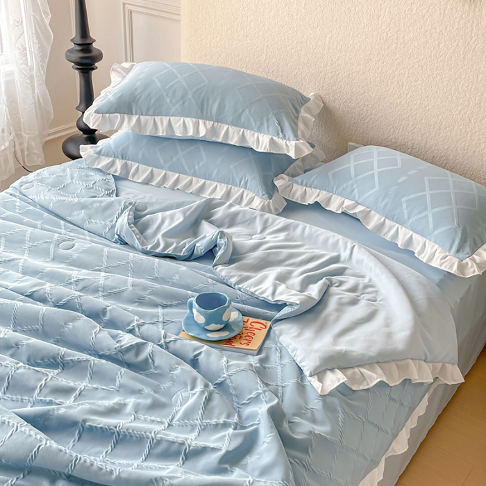 91家纺网 家纺一手货源 找家纺 澳梵2023新款【夏日茶话会】系列-立体提花格夏被四件套 夏日午后-蓝