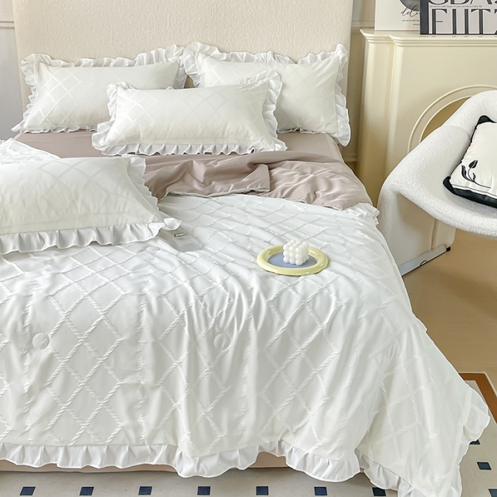 91家纺网 家纺一手货源 找家纺 澳梵2023新款【夏日茶话会】系列-立体提花格夏被四件套 夏日午后-白