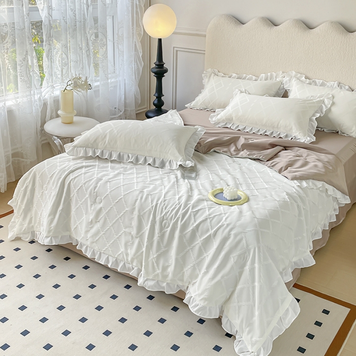 91家纺网 家纺一手货源 找家纺 澳梵2023新款【夏日茶话会】系列-立体提花格夏被四件套 夏日午后-白