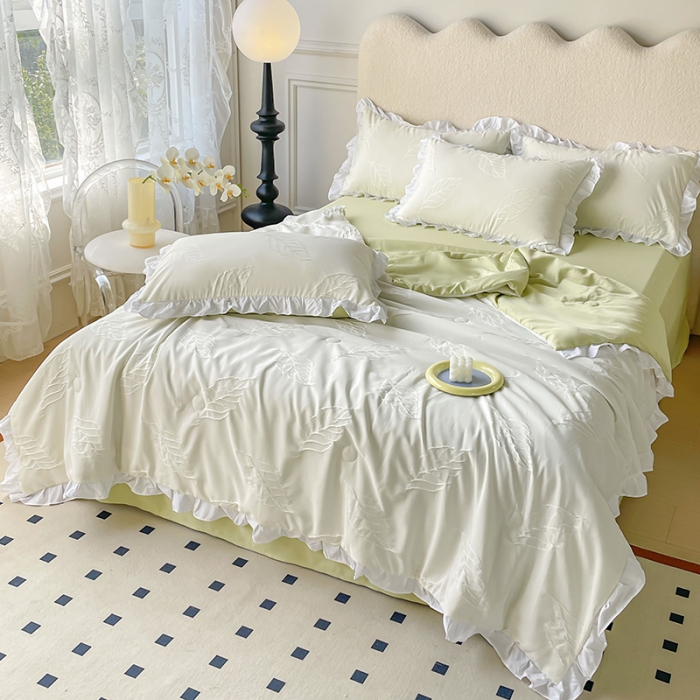 91家纺网 家纺一手货源 找家纺 澳梵 2023新款【夏日茶话会】系列-立体提花格夏被四件套 树叶