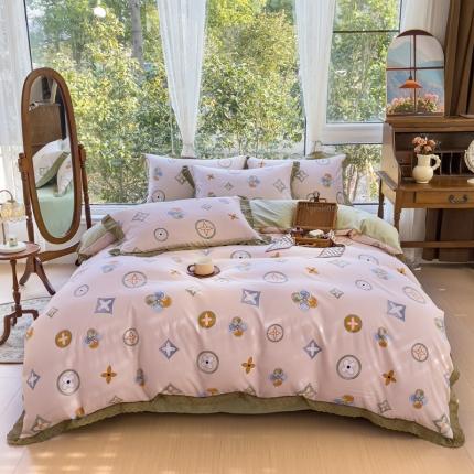 91家纺网 家纺一手货源 找家纺 大米 2023新款复古花边A类印花水洗棉麻四件套 布雷西亚