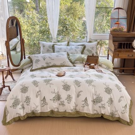 91家纺网 家纺一手货源 找家纺 大米 2023新款复古花边A类印花水洗棉麻四件套 海岛来信