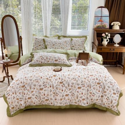 91家纺网 家纺一手货源 找家纺 大米 2023新款复古花边A类印花水洗棉麻四件套 田园萌兔