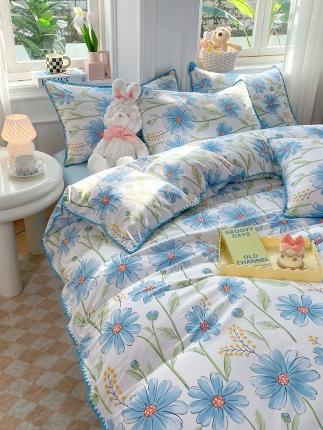 妖妖家纺 2023天丝凉感贝克边四件套 白月光-蓝