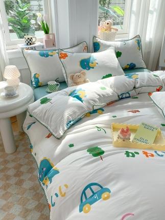 91家纺网 家纺一手货源 找家纺 妖妖家纺 2023印花水洗双层纱贝克绣四件套 恐龙