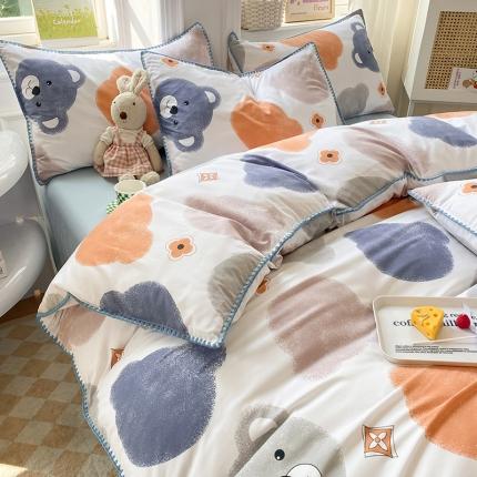 91家纺网 家纺一手货源 找家纺 妖妖家纺 2023印花水洗双层纱贝克绣四件套 蓝淘熊