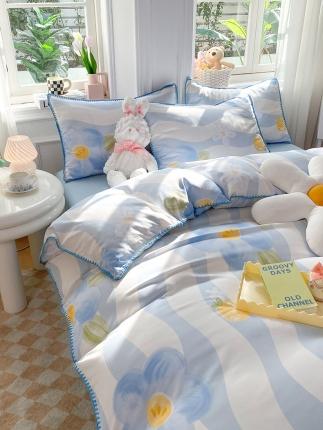 91家纺网 家纺一手货源 找家纺 妖妖家纺 2023印花水洗双层纱贝克绣四件套 蓝条花