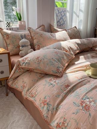 91家纺网 家纺一手货源 找家纺 妖妖家纺 2023印花水洗双层纱贝克绣四件套 恋恋花开