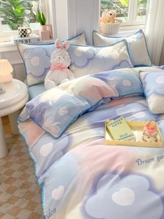 91家纺网 家纺一手货源 找家纺 妖妖家纺 2023印花水洗双层纱贝克绣四件套 棉花糖