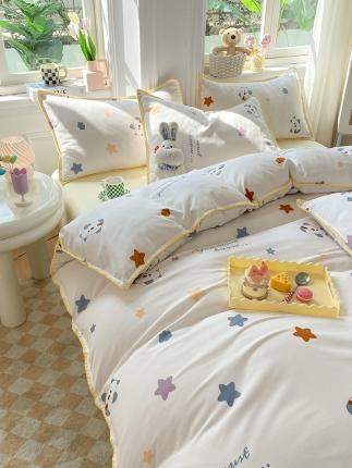 91家纺网 家纺一手货源 找家纺 妖妖家纺 2023印花水洗双层纱贝克绣四件套 星星熊猫