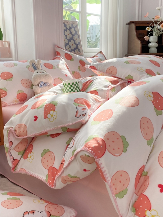 91家纺网 家纺一手货源 找家纺 妖妖家纺 2023印花水洗双层纱贝克绣四件套 草莓兔