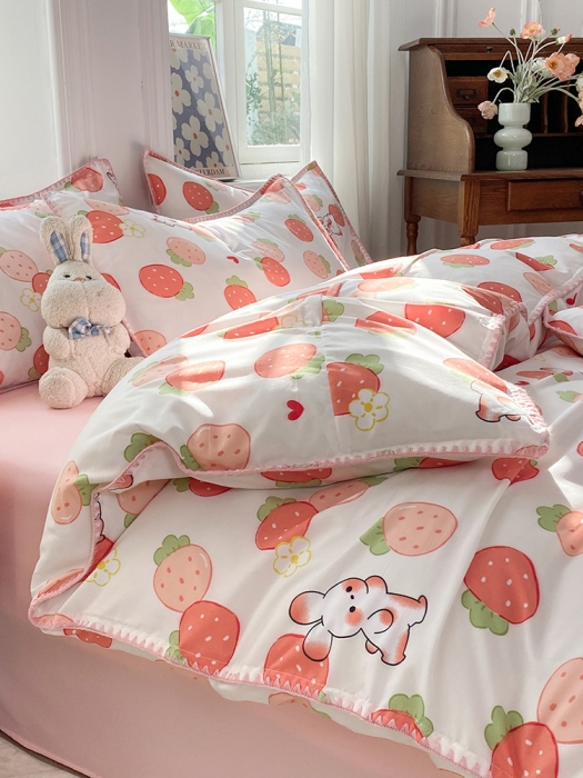 91家纺网 家纺一手货源 找家纺 妖妖家纺 2023印花水洗双层纱贝克绣四件套 草莓兔