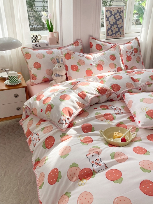 91家纺网 家纺一手货源 找家纺 妖妖家纺 2023印花水洗双层纱贝克绣四件套 草莓兔