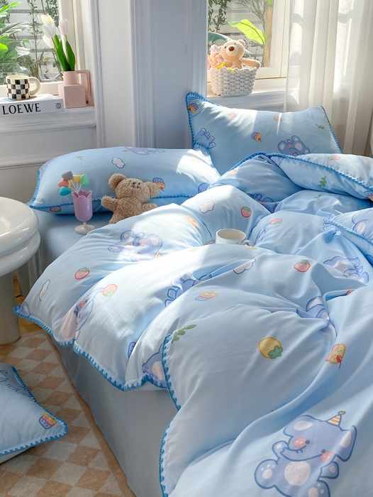 91家纺网 家纺一手货源 找家纺 妖妖家纺 2023印花水洗双层纱贝克绣四件套 草莓象