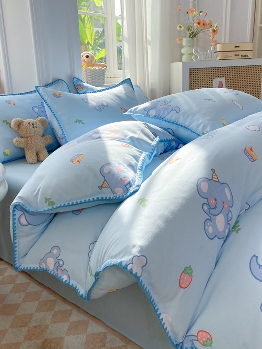 91家纺网 家纺一手货源 找家纺 妖妖家纺 2023印花水洗双层纱贝克绣四件套 草莓象