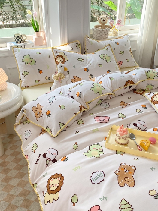 91家纺网 家纺一手货源 找家纺 妖妖家纺 2023印花水洗双层纱贝克绣四件套 动物世界