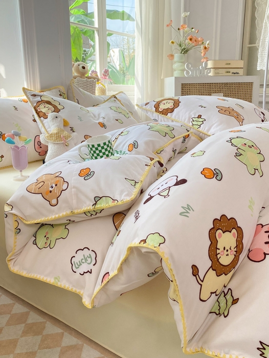 91家纺网 家纺一手货源 找家纺 妖妖家纺 2023印花水洗双层纱贝克绣四件套 动物世界