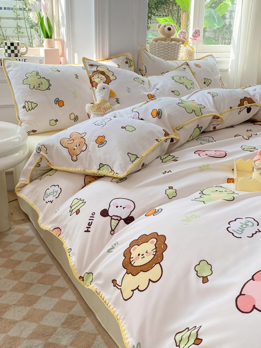 91家纺网 家纺一手货源 找家纺 妖妖家纺 2023印花水洗双层纱贝克绣四件套 动物世界