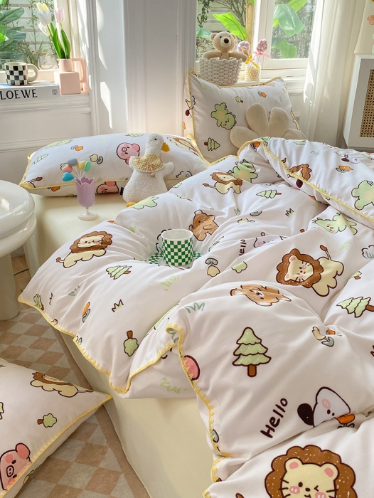 91家纺网 家纺一手货源 找家纺 妖妖家纺 2023印花水洗双层纱贝克绣四件套 动物世界