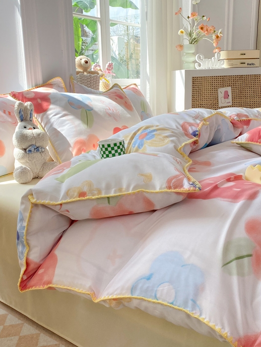 91家纺网 家纺一手货源 找家纺 妖妖家纺 2023印花水洗双层纱贝克绣四件套 粉花花