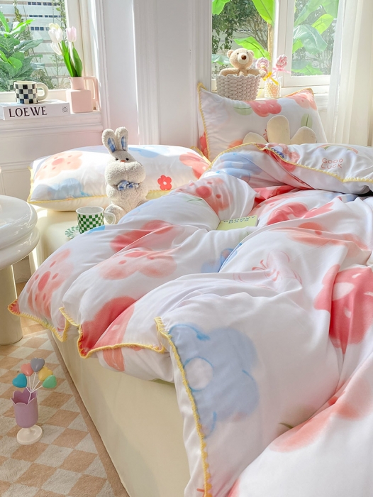 91家纺网 家纺一手货源 找家纺 妖妖家纺 2023印花水洗双层纱贝克绣四件套 粉花花