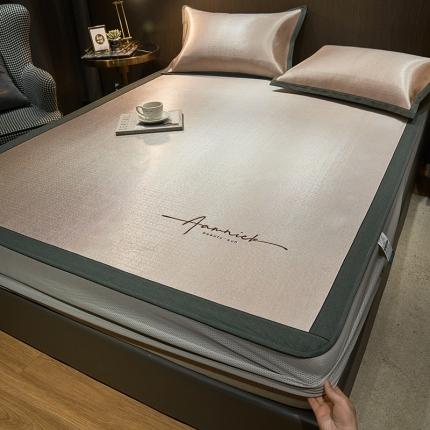 91家纺网 家纺一手货源 找家纺 全季 2023新款纯色英文刺绣肌理纹冰丝凉席床笠款 淡黄色