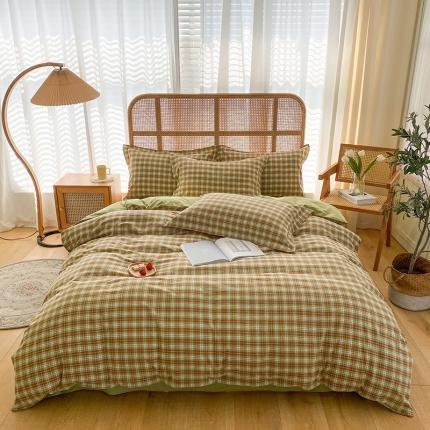 91家纺网 家纺一手货源 找家纺 尚品本色 2023新款带边水洗棉四件套 简约绿