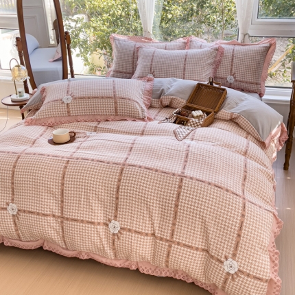 91家纺网 家纺一手货源 找家纺 （总）大米 2023新款复古花边A类印花水洗棉麻双层纱四件套